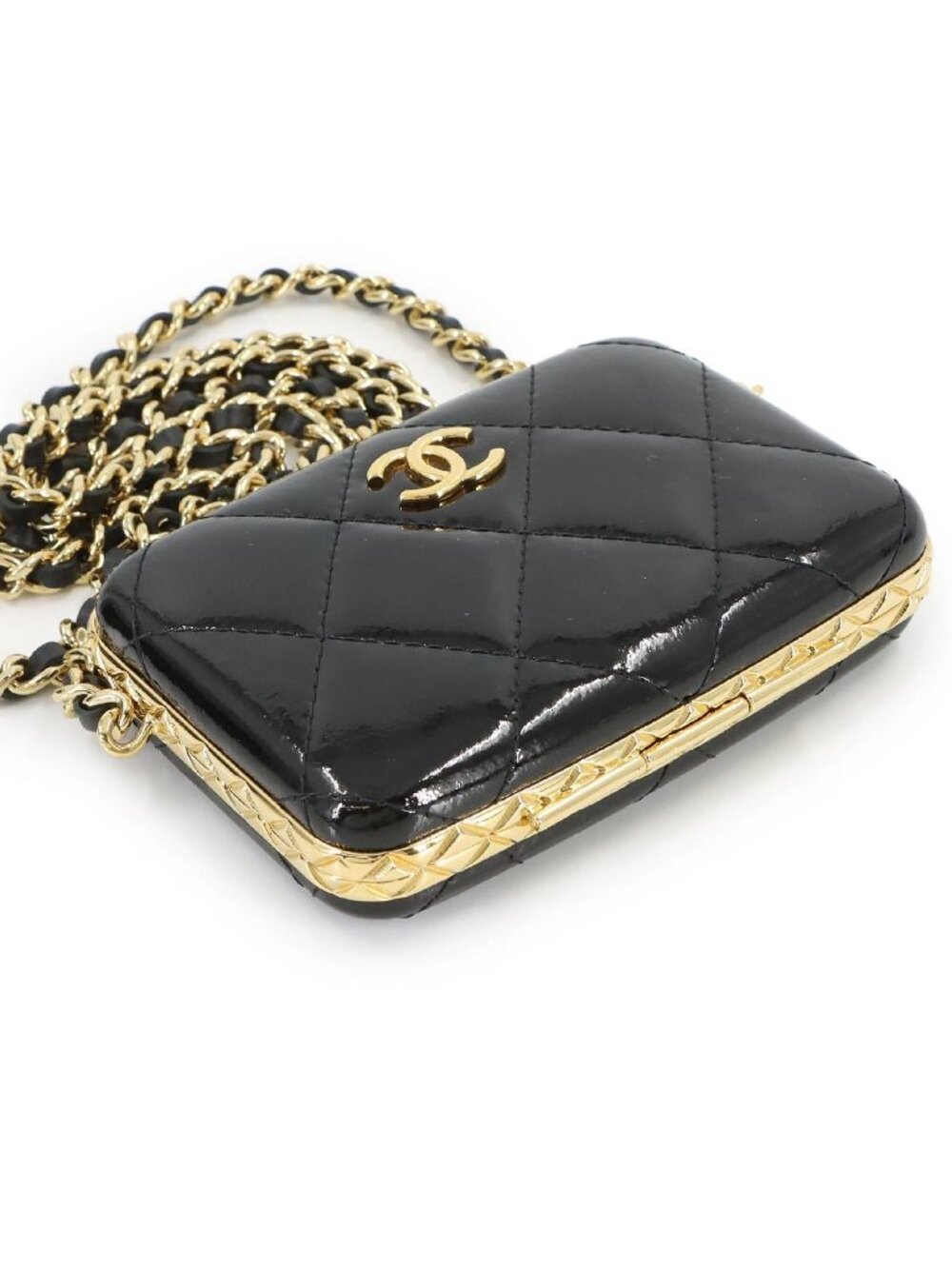 Chanel Quilted Chain Shoulder Card Case Business Holder Patent Leather Black - Picture 5 of 10